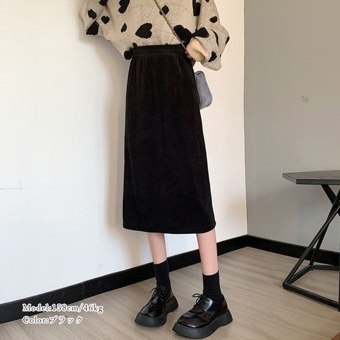 コーデュロイスカート バックスリット秋冬 レディース ウエストゴム ミモレ丈スカート ハイウエスト カジュアル タイトスカート きれいめボトムス ファッション女性 85YN-900404