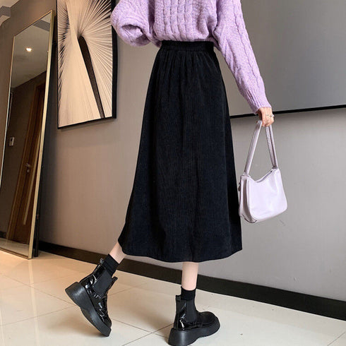 コーデュロイスカート 秋冬フレアスカート ハイウエスト ミモレ丈スカート バックゴム仕様 ロングスカート カジュアル 大人ボトムズ ポケット付き Aラインスカート 85YN-900405