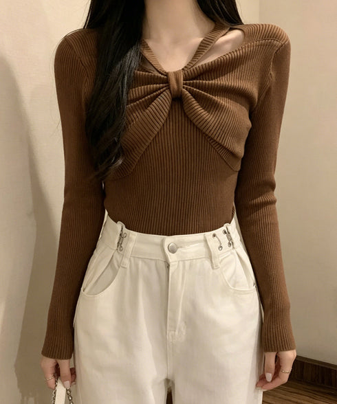 フロントリボンリブニットトップス大人秋服 レディース ホルターネック ニットウエア 普段着 ニットプルオーバー カジュアル ニットセーター 着やせ ニットインナー 85YN-900407