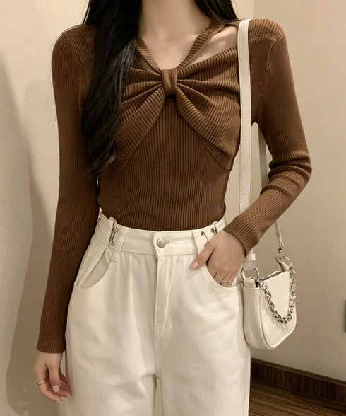 フロントリボンリブニットトップス大人秋服 レディース ホルターネック ニットウエア 普段着 ニットプルオーバー カジュアル ニットセーター 着やせ ニットインナー 85YN-900407