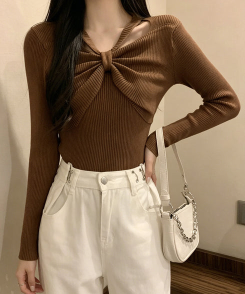 フロントリボンリブニットトップス大人秋服 レディース ホルターネック ニットウエア 普段着 ニットプルオーバー カジュアル ニットセーター 着やせ ニットインナー 85YN-900407