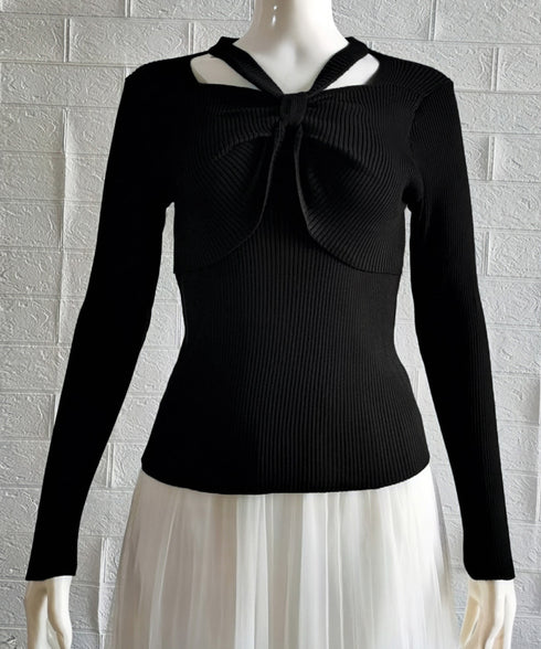 フロントリボンリブニットトップス大人秋服 レディース ホルターネック ニットウエア 普段着 ニットプルオーバー カジュアル ニットセーター 着やせ ニットインナー 85YN-900407
