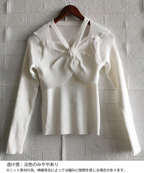 フロントリボンリブニットトップス大人秋服 レディース ホルターネック ニットウエア 普段着 ニットプルオーバー カジュアル ニットセーター 着やせ ニットインナー 85YN-900407