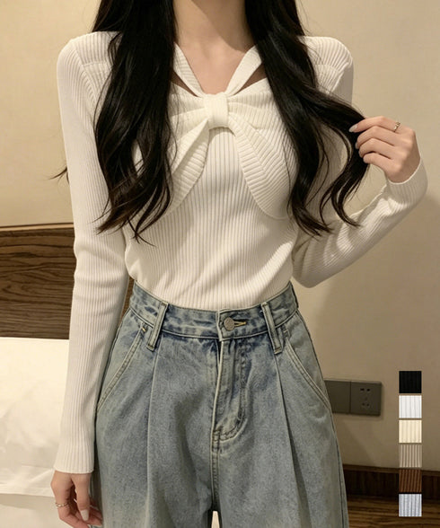 フロントリボンリブニットトップス大人秋服 レディース ホルターネック ニットウエア 普段着 ニットプルオーバー カジュアル ニットセーター 着やせ ニットインナー 85YN-900407