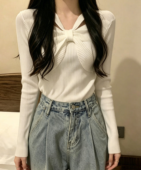 フロントリボンリブニットトップス大人秋服 レディース ホルターネック ニットウエア 普段着 ニットプルオーバー カジュアル ニットセーター 着やせ ニットインナー 85YN-900407
