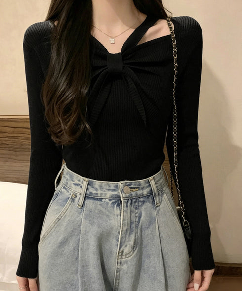 フロントリボンリブニットトップス大人秋服 レディース ホルターネック ニットウエア 普段着 ニットプルオーバー カジュアル ニットセーター 着やせ ニットインナー 85YN-900407