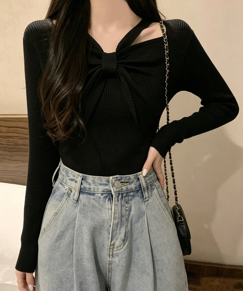 フロントリボンリブニットトップス大人秋服 レディース ホルターネック ニットウエア 普段着 ニットプルオーバー カジュアル ニットセーター 着やせ ニットインナー 85YN-900407