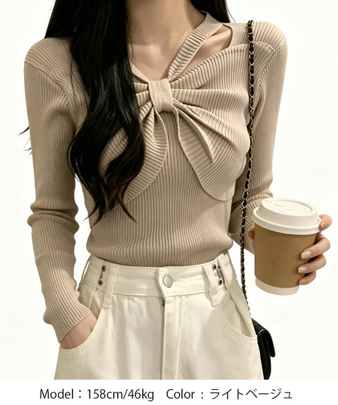フロントリボンリブニットトップス大人秋服 レディース ホルターネック ニットウエア 普段着 ニットプルオーバー カジュアル ニットセーター 着やせ ニットインナー 85YN-900407