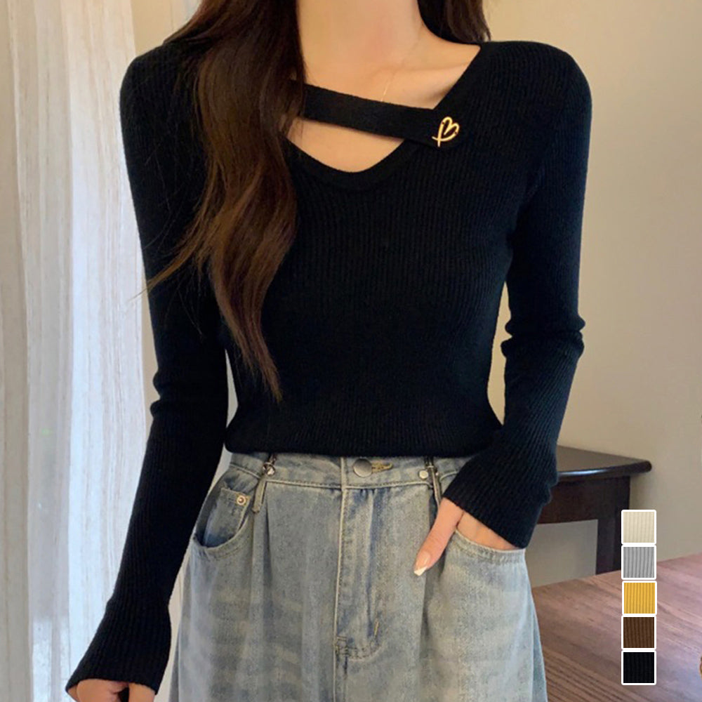 Vネック リブニットトップス 大人秋服 詳細画像1