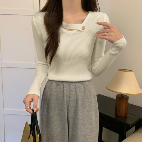 Vネック リブニットトップス 大人秋服 レディース カジュアル ニットウエア 着やせ 長袖ニットソー ベーシック きれいめ タイトニット 普段着 ニットセーター 85YN-900409