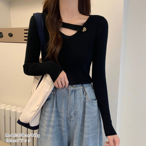 Vネック リブニットトップス 大人秋服 レディース カジュアル ニットウエア 着やせ 長袖ニットソー ベーシック きれいめ タイトニット 普段着 ニットセーター 85YN-900409