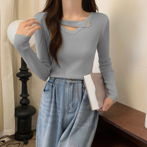 Vネック リブニットトップス 大人秋服 レディース カジュアル ニットウエア 着やせ 長袖ニットソー ベーシック きれいめ タイトニット 普段着 ニットセーター 85YN-900409