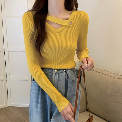 Vネック リブニットトップス 大人秋服 レディース カジュアル ニットウエア 着やせ 長袖ニットソー ベーシック きれいめ タイトニット 普段着 ニットセーター 85YN-900409