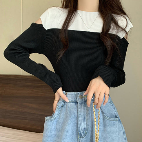 肩あきニットトップス バイカラー大人秋服 レディース タイトニット 肌見せ セクシー リブニット カジュアル オフショルダーニット 着やせ オープンカットトップス 85YN-900412