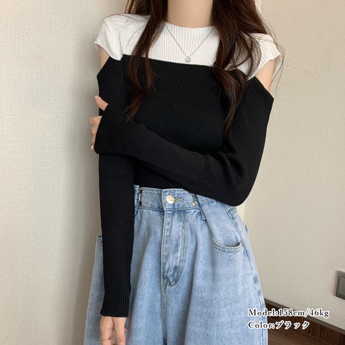 肩あきニットトップス バイカラー大人秋服 レディース タイトニット 肌見せ セクシー リブニット カジュアル オフショルダーニット 着やせ オープンカットトップス 85YN-900412