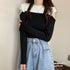 肩あきニットトップス バイカラー大人秋服 レディース タイトニット 肌見せ セクシー リブニット カジュアル オフショルダーニット 着やせ オープンカットトップス 85YN-900412