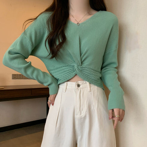 フロントツイスト ニットプルオーバー秋服 クロップド丈 ニットウェア ねじり リブニット 長袖 無地 大人可愛い ニットセーター カジュアル ニットソー 普段着 85YN-900415