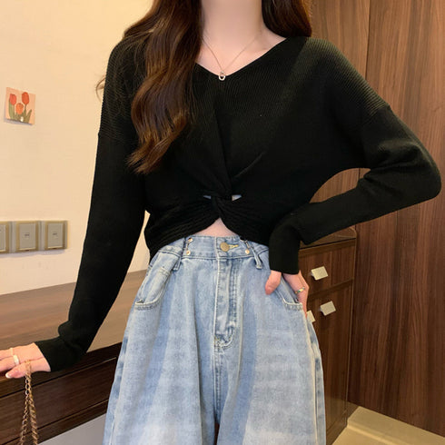 フロントツイスト ニットプルオーバー秋服 クロップド丈 ニットウェア ねじり リブニット 長袖 無地 大人可愛い ニットセーター カジュアル ニットソー 普段着 85YN-900415