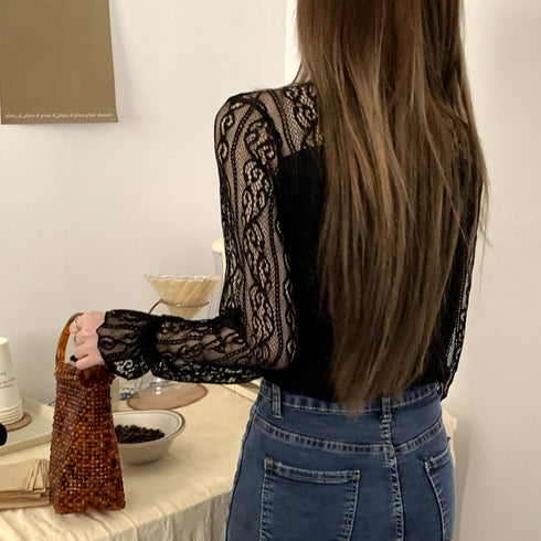 レース ブラウス プチハイネック 重ね着 フリル シアートップス レディース 裏地付き レイヤードブラウス きれいめ 透けインナー 肌隠し 花柄トップス オシャレ 85YN-900418