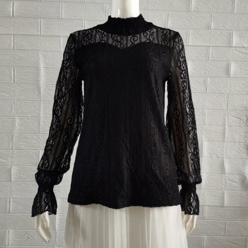 レース ブラウス プチハイネック 重ね着 フリル シアートップス レディース 裏地付き レイヤードブラウス きれいめ 透けインナー 肌隠し 花柄トップス オシャレ 85YN-900418