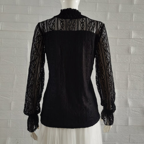 レース ブラウス プチハイネック 重ね着 フリル シアートップス レディース 裏地付き レイヤードブラウス きれいめ 透けインナー 肌隠し 花柄トップス オシャレ 85YN-900418