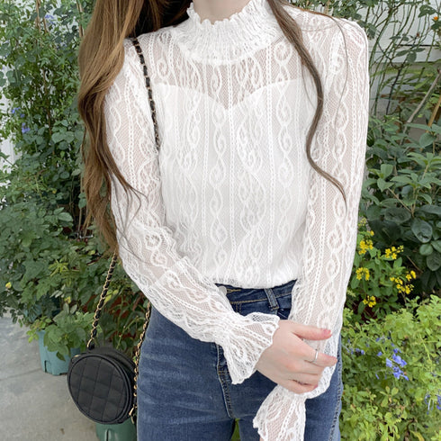 レース ブラウス プチハイネック 重ね着 フリル シアートップス レディース 裏地付き レイヤードブラウス きれいめ 透けインナー 肌隠し 花柄トップス オシャレ 85YN-900418