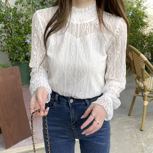 レース ブラウス プチハイネック 重ね着 フリル シアートップス レディース 裏地付き レイヤードブラウス きれいめ 透けインナー 肌隠し 花柄トップス オシャレ 85YN-900418
