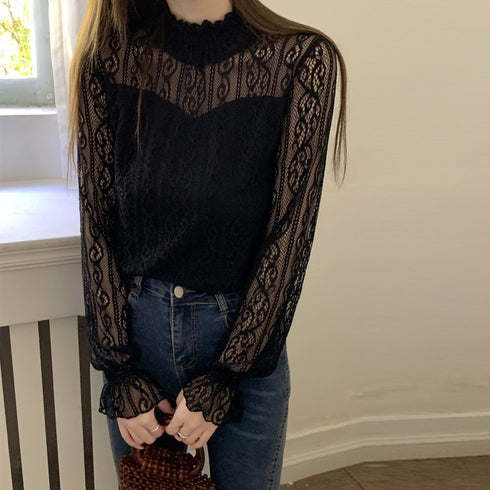 レース ブラウス プチハイネック 重ね着 フリル シアートップス レディース 裏地付き レイヤードブラウス きれいめ 透けインナー 肌隠し 花柄トップス オシャレ 85YN-900418