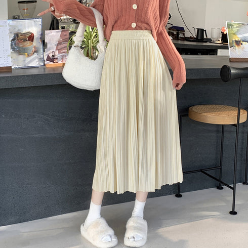 プリーツスカート ハイウエスト 着やせ レディース ミモレ丈スカート ウエストゴム 無地 フレアスカート きれいめ ボトムス 体型カバー 韓国風Aラインスカート 85YN-900419