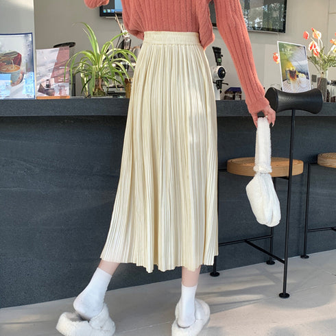 プリーツスカート ハイウエスト 着やせ レディース ミモレ丈スカート ウエストゴム 無地 フレアスカート きれいめ ボトムス 体型カバー 韓国風Aラインスカート 85YN-900419