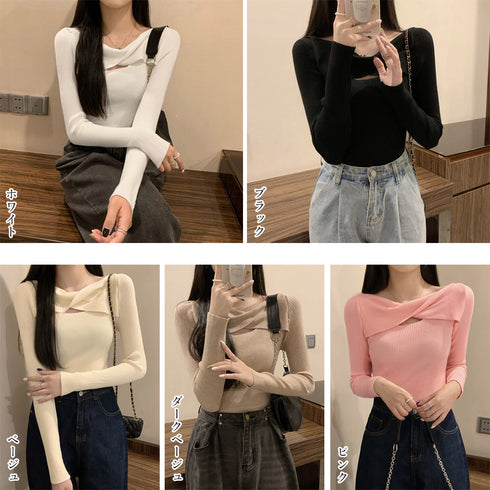 ツイスト リブニットトップス レディース ベーシックニット 肌見せ ニットウェア 大人カジュアル ニットインナー 着やせ ねじりニットソー ストレッチプルオーバー 85YN-900432