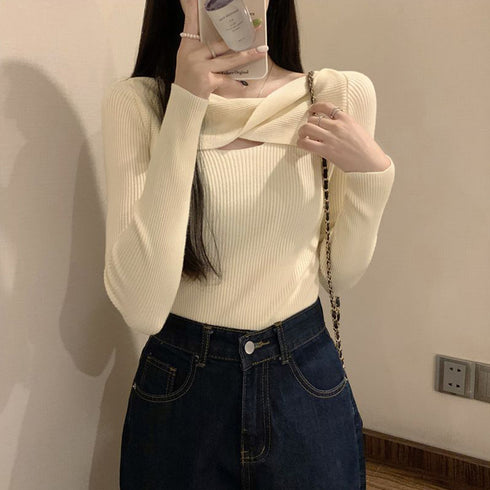 ツイスト リブニットトップス レディース ベーシックニット 肌見せ ニットウェア 大人カジュアル ニットインナー 着やせ ねじりニットソー ストレッチプルオーバー 85YN-900432