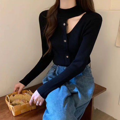リブニットトップス レディース 韓国風 ニットウェア フロントオープン ニットプルオーバー スリムフィット ニットソー カジュアル 長袖トップス お洒落 着回し 85YN-900439