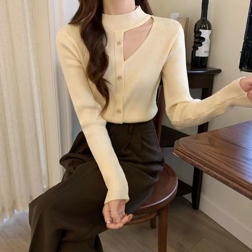 リブニットトップス レディース 韓国風 ニットウェア フロントオープン ニットプルオーバー スリムフィット ニットソー カジュアル 長袖トップス お洒落 着回し 85YN-900439