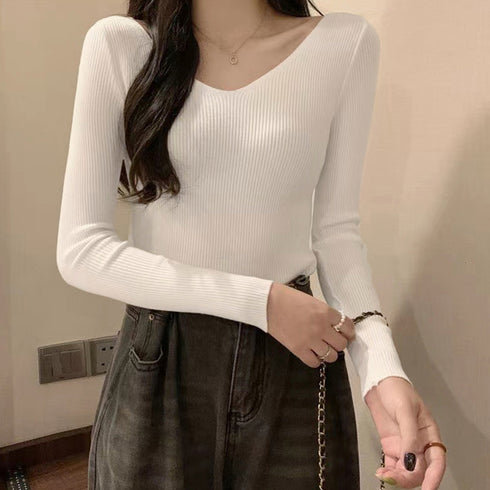 リブニットトップス レディース 韓国風 ニットウェア Vネック 背中見せ ベーシックニットお洒落 通勤 ニットインナー オフィスカジュアル 長袖トップス 着やせ 85YN-900441