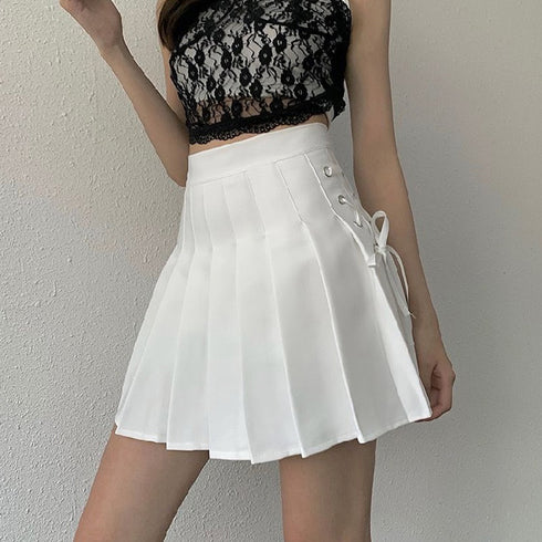 Aライン プリーツスカート レースアップ インナーパンツ付き ミニスカート チラ見せ防止 ハイウェスト スクールスカート 韓国風 ショート丈スカート カジュアル 85YN-900454