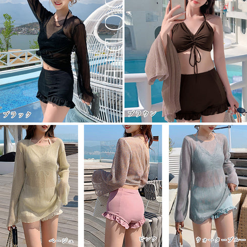 水着セット ラメシースルーラッシュガード ホルターネックブラトップ ハイウエストショーパン 3点水着セット日焼け防止 体型カバー水着 バックシャンセパレートビキニ 85YN-900458