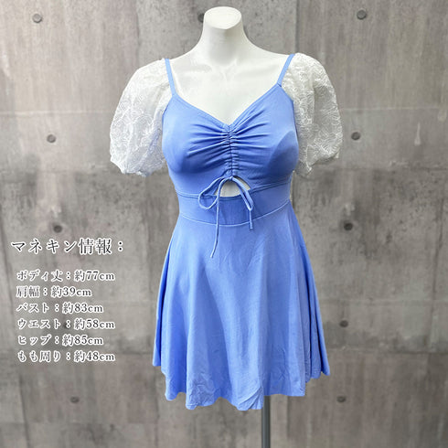 ワンピース水着 ドローストリング 韓国風 スイムウエア ハイウエスト カットアウト 体型カバー水着 袖レース切り替え 露出控えめ水着 ショートパンツ付きワンピ水着 85YN-900459