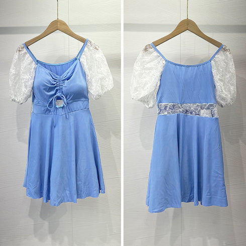 ワンピース水着 ドローストリング 韓国風 スイムウエア ハイウエスト カットアウト 体型カバー水着 袖レース切り替え 露出控えめ水着 ショートパンツ付きワンピ水着 85YN-900459