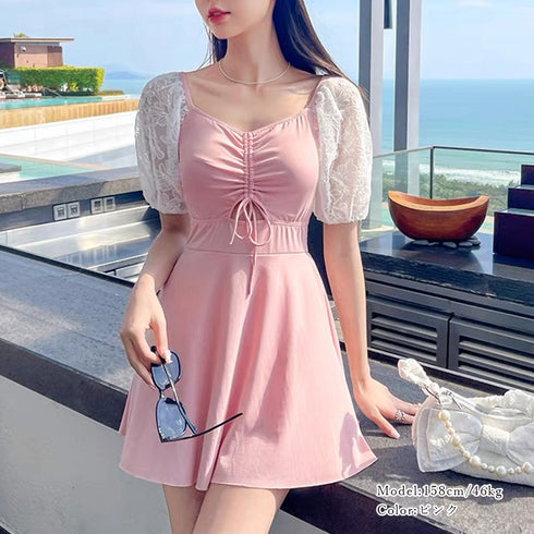 ワンピース水着 ドローストリング 韓国風 スイムウエア ハイウエスト カットアウト 体型カバー水着 袖レース切り替え 露出控えめ水着 ショートパンツ付きワンピ水着 85YN-900459