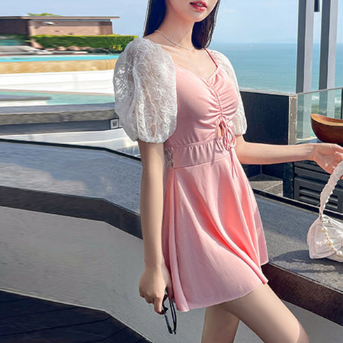 ワンピース水着 ドローストリング 韓国風 スイムウエア ハイウエスト カットアウト 体型カバー水着 袖レース切り替え 露出控えめ水着 ショートパンツ付きワンピ水着 85YN-900459