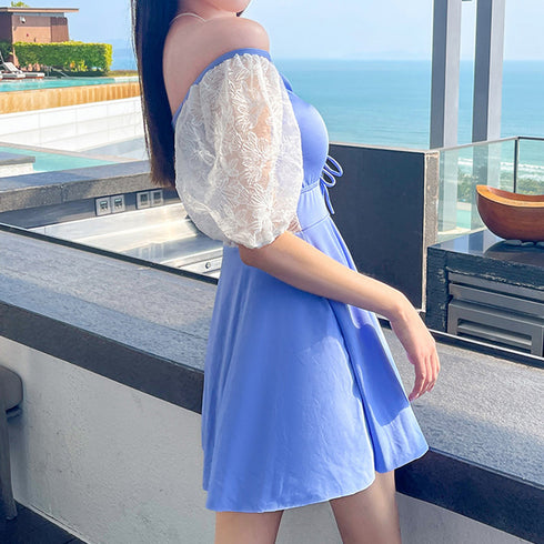 ワンピース水着 ドローストリング 韓国風 スイムウエア ハイウエスト カットアウト 体型カバー水着 袖レース切り替え 露出控えめ水着 ショートパンツ付きワンピ水着 85YN-900459