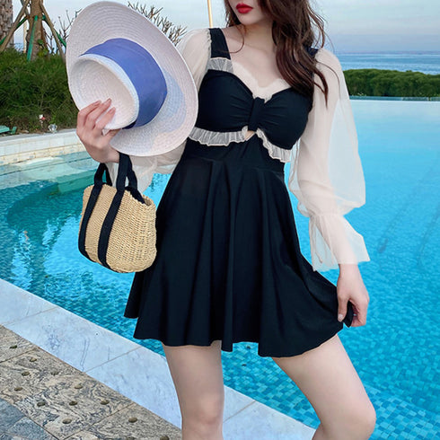 ワンピース水着 シースルー袖 体型カバー スイムウェア カットアウト フェミニン水着 ショートパンツ一体型 露出控えめ水着プール遊び 海水浴場リゾート 日焼け対策 85YN-900461