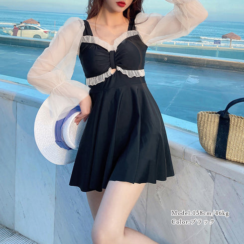 ワンピース水着 シースルー袖 体型カバー スイムウェア カットアウト フェミニン水着 ショートパンツ一体型 露出控えめ水着プール遊び 海水浴場リゾート 日焼け対策 85YN-900461