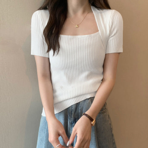 リブサマーニット スクエアネック 韓国風 ニットトップス レディース カジュアル リブニットソー 半袖 シンプル プルオーバー 薄手ニットセーター おしゃれ 春夏 85YN-900463