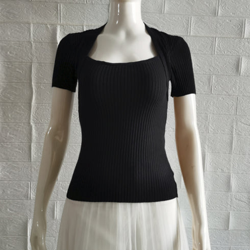 リブサマーニット スクエアネック 韓国風 ニットトップス レディース カジュアル リブニットソー 半袖 シンプル プルオーバー 薄手ニットセーター おしゃれ 春夏 85YN-900463