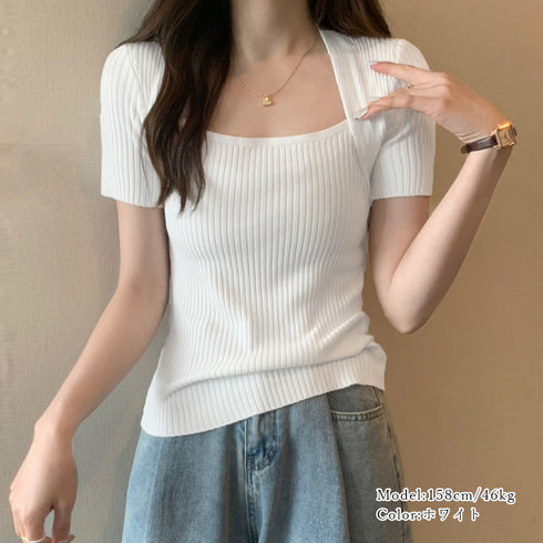 リブサマーニット スクエアネック 韓国風 ニットトップス レディース カジュアル リブニットソー 半袖 シンプル プルオーバー 薄手ニットセーター おしゃれ 春夏 85YN-900463
