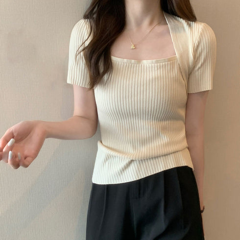 リブサマーニット スクエアネック 韓国風 ニットトップス レディース カジュアル リブニットソー 半袖 シンプル プルオーバー 薄手ニットセーター おしゃれ 春夏 85YN-900463