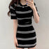 サマーニットワンピース ボーダー柄 韓国 レディース ラウンドネック タイトワンピース カジュアル 普段使い チュニックワンピ 春夏 ショート丈セクシーワンピース 85YN-900465