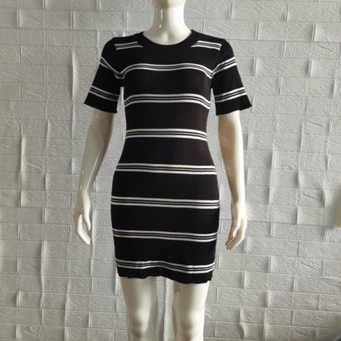 サマーニットワンピース ボーダー柄 韓国 レディース ラウンドネック タイトワンピース カジュアル 普段使い チュニックワンピ 春夏 ショート丈セクシーワンピース 85YN-900465